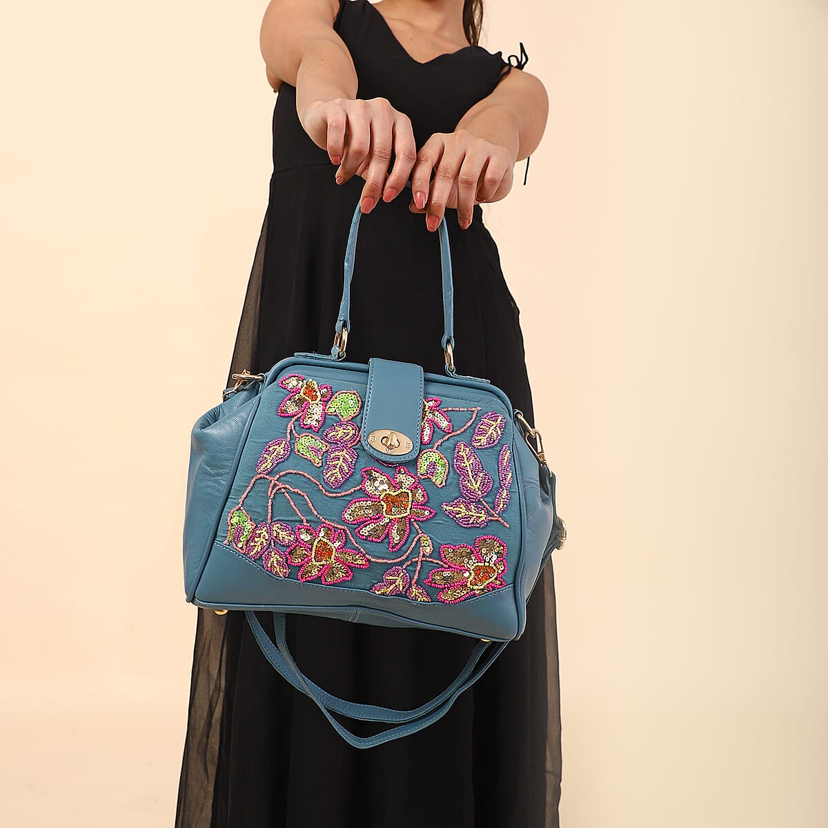 Blue Genuine Leather Floral Embroidery Embellishment Handbag with Top Handle and Shoulder Strap image number 2