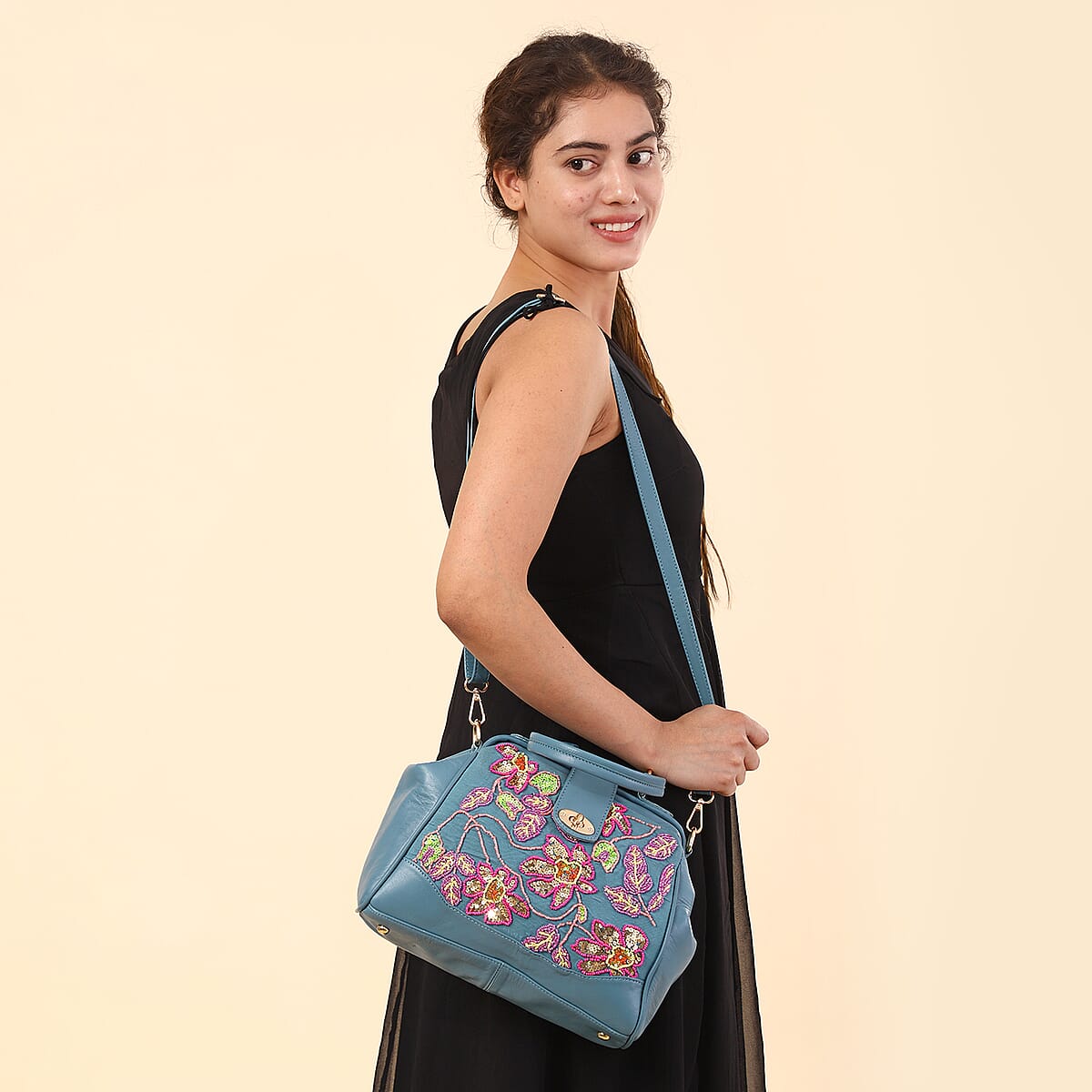 Blue Genuine Leather Floral Embroidery Embellishment Handbag with Top Handle and Shoulder Strap image number 3