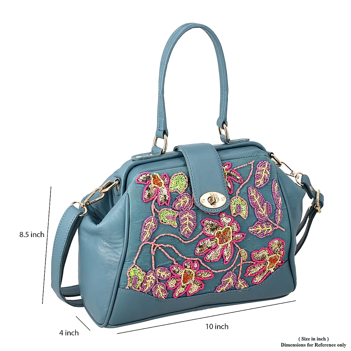 Blue Genuine Leather Floral Embroidery Embellishment Handbag with Top Handle and Shoulder Strap image number 4