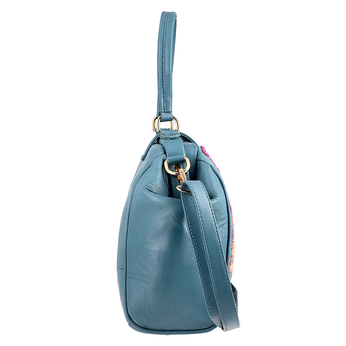 Blue Genuine Leather Floral Embroidery Embellishment Handbag with Top Handle and Shoulder Strap image number 5