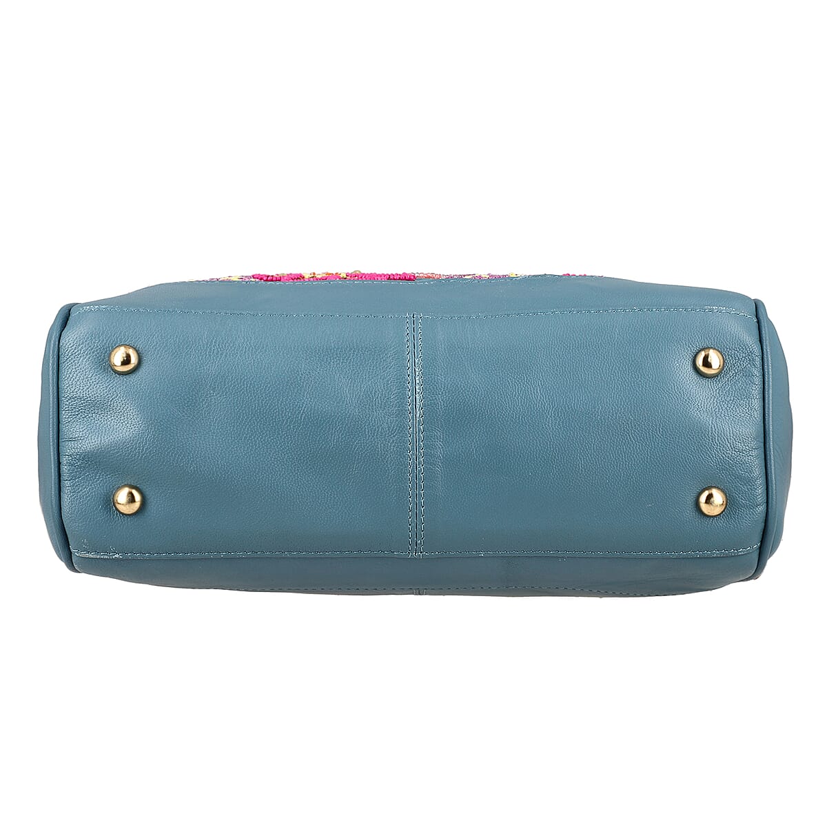 Blue Genuine Leather Floral Embroidery Embellishment Handbag with Top Handle and Shoulder Strap image number 7