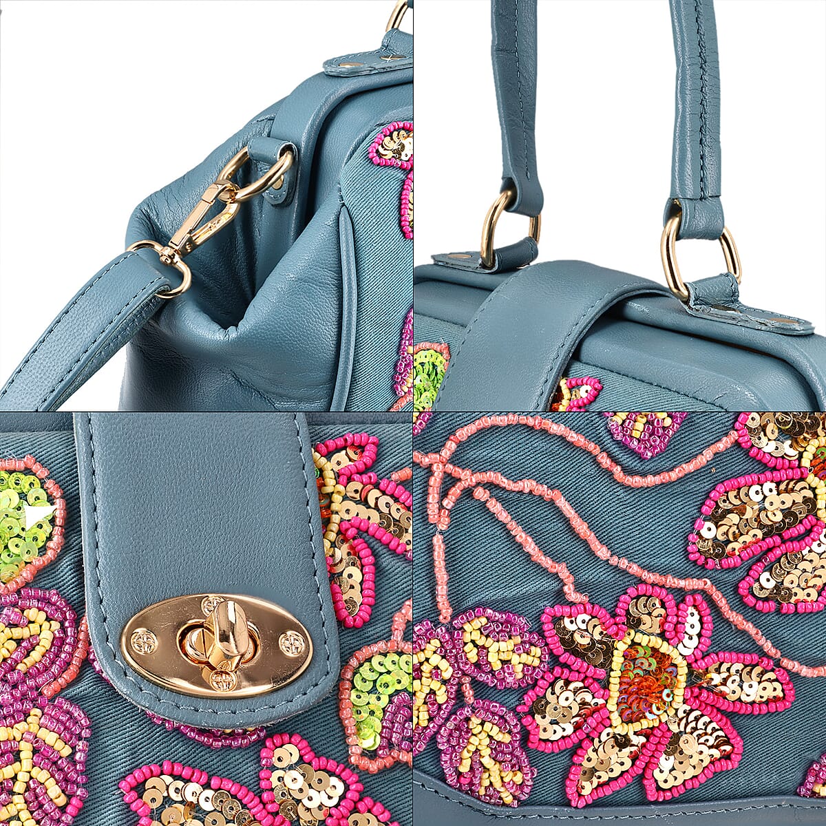 Blue Genuine Leather Floral Embroidery Embellishment Handbag with Top Handle and Shoulder Strap image number 8