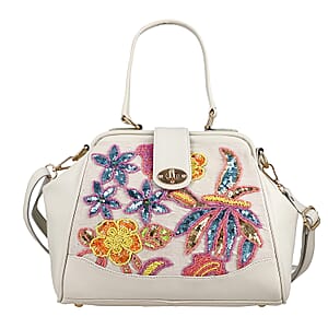 White Genuine Leather Floral Embroidery Embellishment Handbag with Top Handle and Shoulder Strap