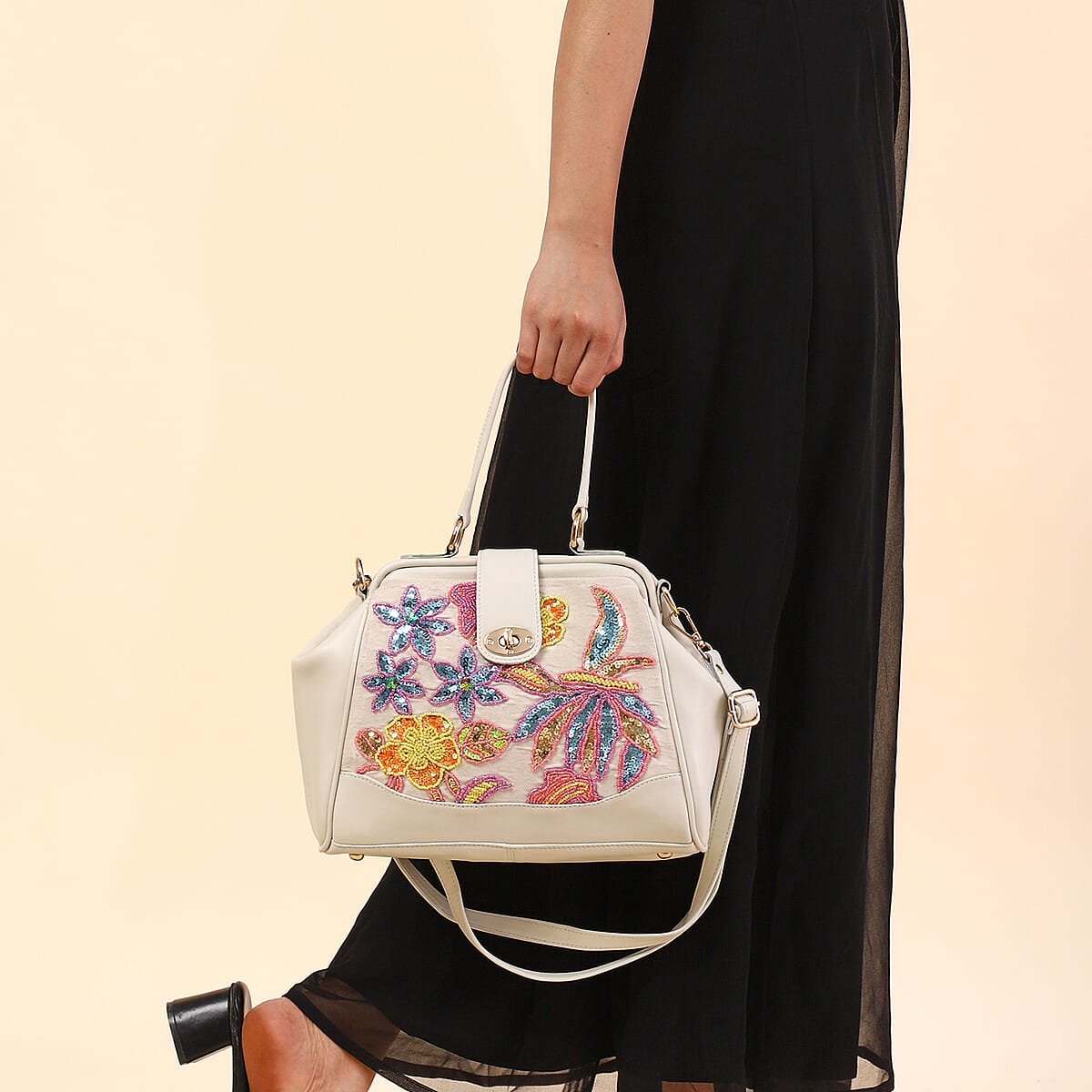White Genuine Leather Floral Embroidery Embellishment Handbag with Top Handle and Shoulder Strap image number 2