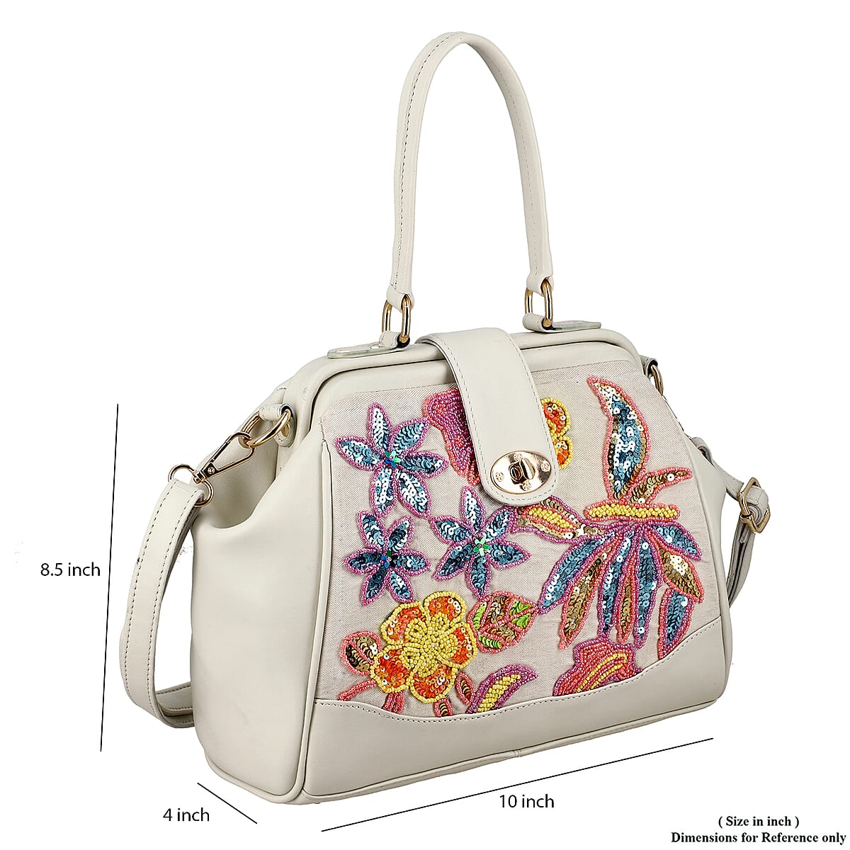White Genuine Leather Floral Embroidery Embellishment Handbag with Top Handle and Shoulder Strap image number 4