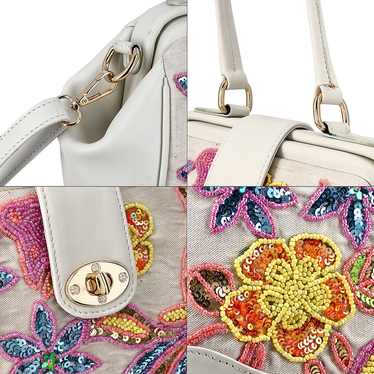 White Genuine Leather Floral Embroidery Embellishment Handbag with Top Handle and Shoulder Strap image number 8