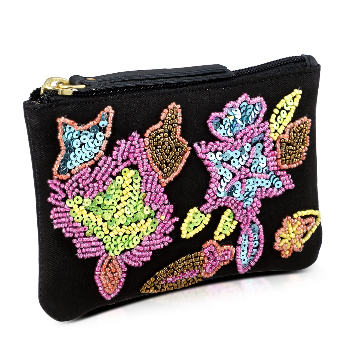Black Genuine Leather Floral Pattern Embellishment Pouch with Top Zip Closure image number 0