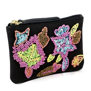Black Genuine Leather Floral Pattern Embellishment Pouch with Top Zip Closure