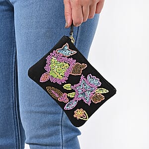 Black Genuine Leather Floral Pattern Embellishment Pouch with Top Zip Closure