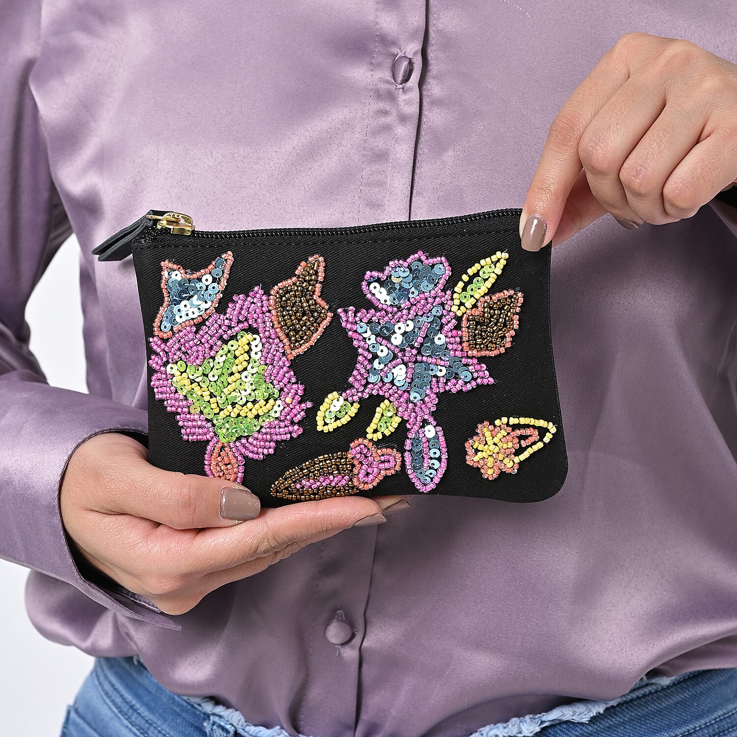 Black Genuine Leather Floral Pattern Embellishment Pouch with Top Zip Closure