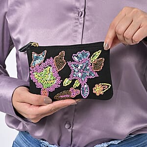 Black Genuine Leather Floral Pattern Embellishment Pouch with Top Zip Closure