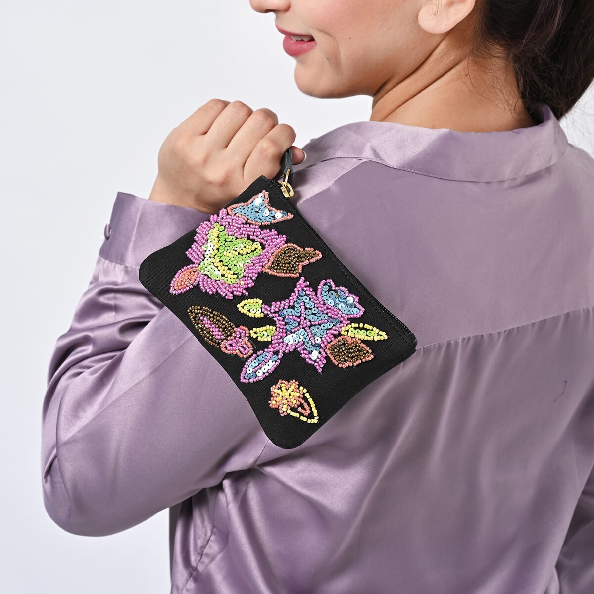 Black Genuine Leather Floral Pattern Embellishment Pouch with Top Zip Closure image number 3