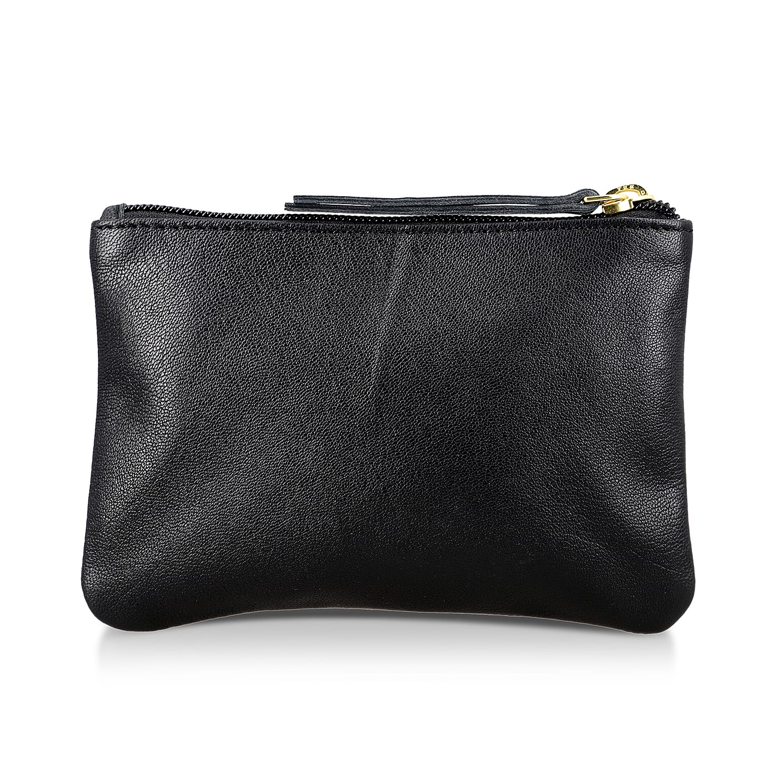 Black Genuine Leather Floral Pattern Embellishment Pouch with Top Zip Closure