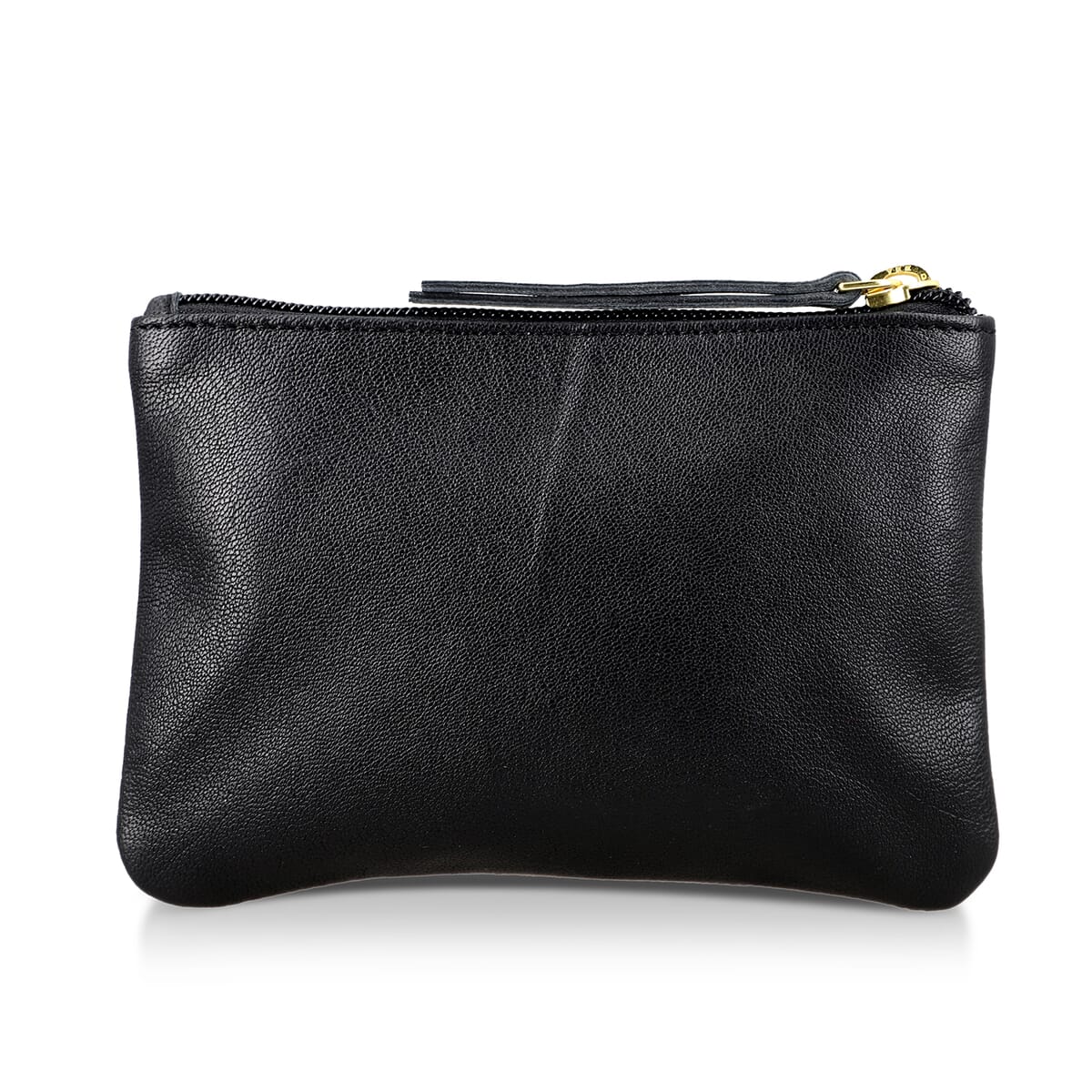 Black Genuine Leather Floral Pattern Embellishment Pouch with Top Zip Closure image number 4
