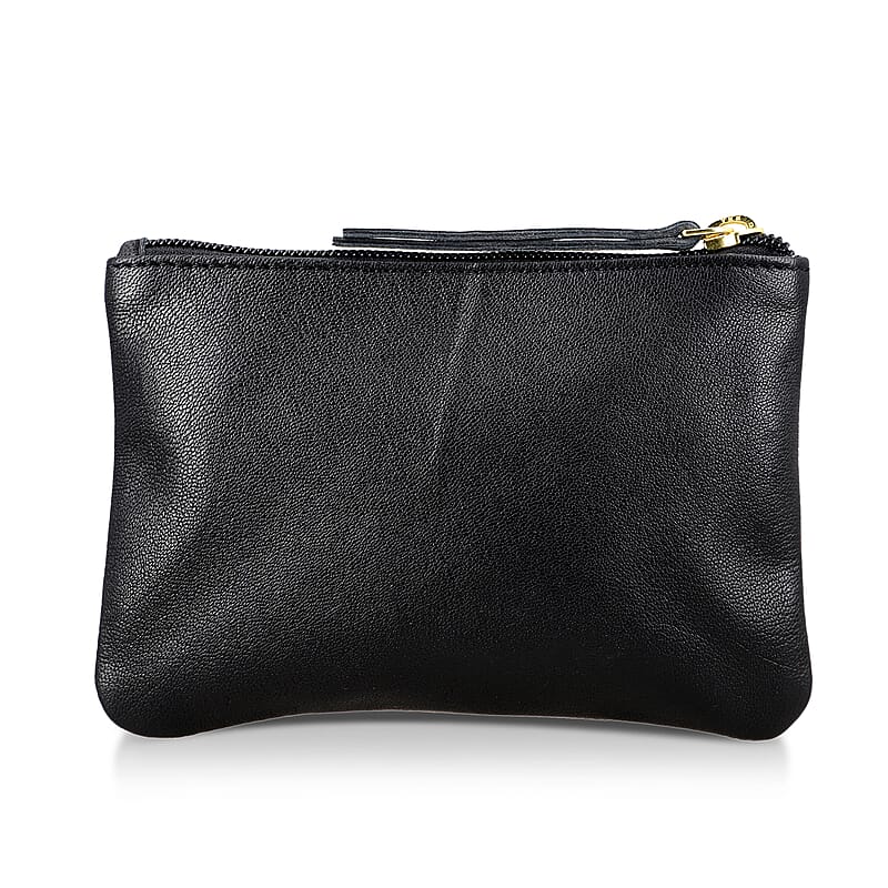 Black Genuine Leather Floral Pattern Embellishment Pouch with Top Zip Closure
