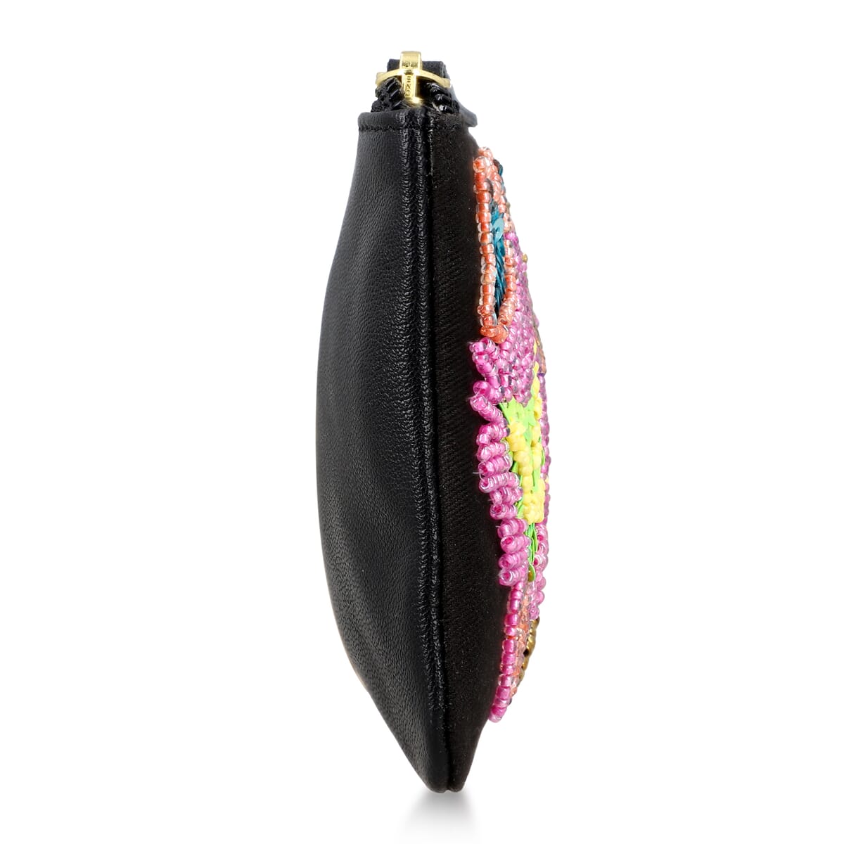 Black Genuine Leather Floral Pattern Embellishment Pouch with Top Zip Closure image number 5