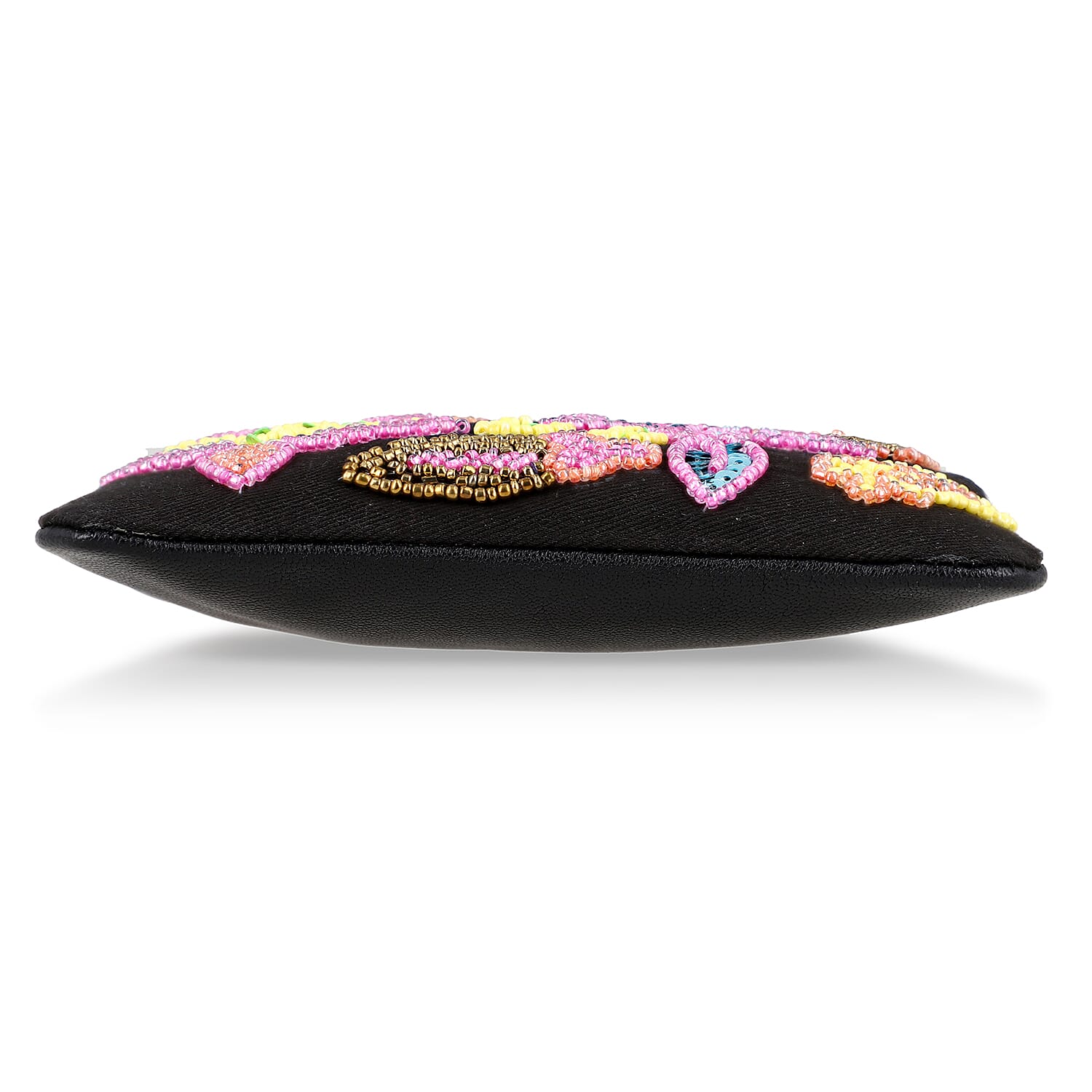 Black Genuine Leather Floral Pattern Embellishment Pouch with Top Zip Closure