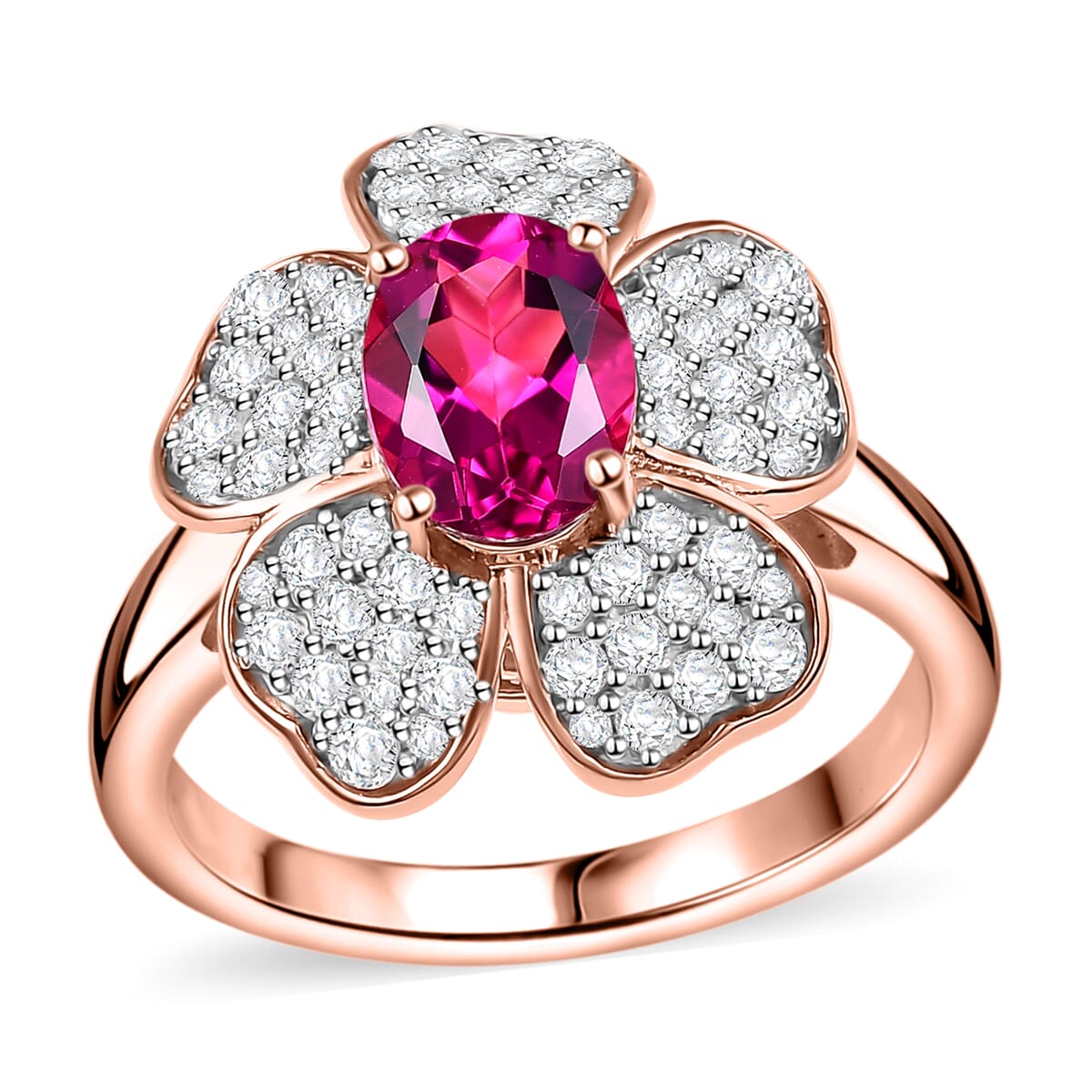 Luxuriant Premium Bixbite (LG) and White Zircon 2.10 ctw Leaf Clover Ring in 18K Vermeil Rose Gold Over Sterling Silver (Size 10.0) image number 0