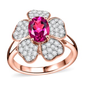 Luxuriant Premium Bixbite (LG) and White Zircon 2.10 ctw Leaf Clover Ring in 18K Vermeil Rose Gold Over Sterling Silver (Size 10.0)