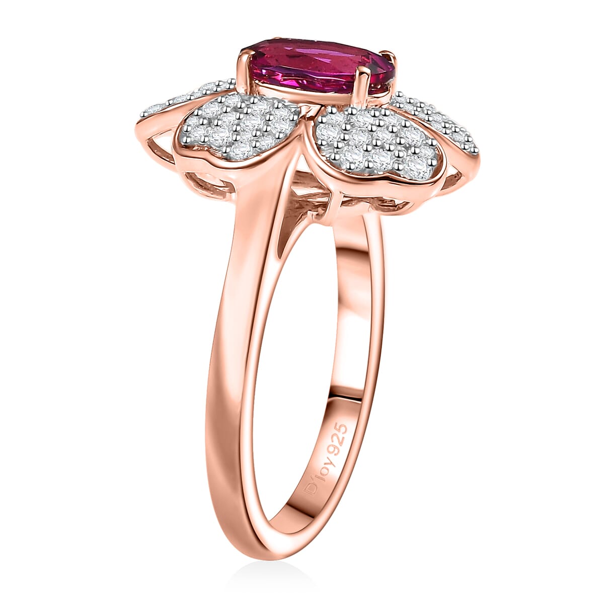 Luxuriant Premium Bixbite (LG) and White Zircon 2.10 ctw Leaf Clover Ring in 18K Vermeil Rose Gold Over Sterling Silver (Size 6.0) image number 3