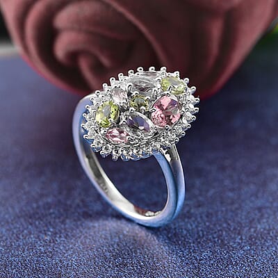 D'Joy Premium Multi Color Calabar Tourmaline and White Zircon 1.90 ctw Autumn Bloom Ring in Rhodium Over Sterling Silver (Size 10.0)