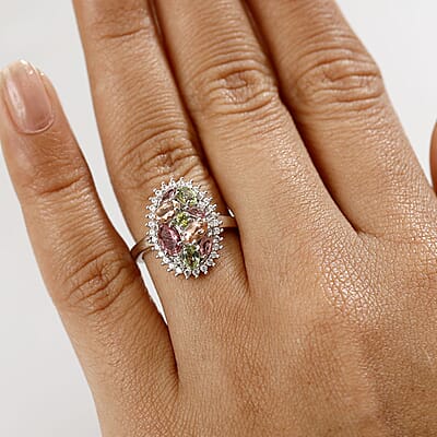 D'Joy Premium Multi Color Calabar Tourmaline and White Zircon 1.90 ctw Autumn Bloom Ring in Rhodium Over Sterling Silver (Size 10.0)