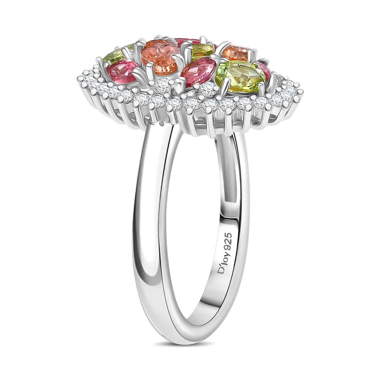 D'Joy Premium Multi Color Calabar Tourmaline and White Zircon 1.90 ctw Autumn Bloom Ring in Rhodium Over Sterling Silver (Size 10.0) image number 3