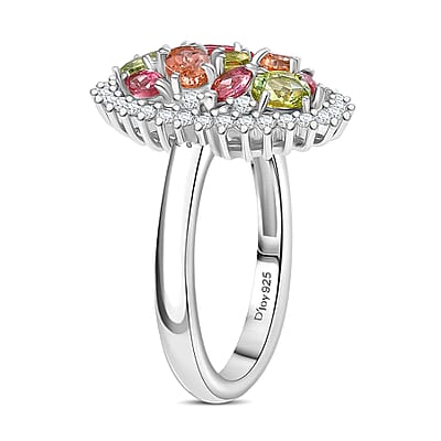 D'Joy Premium Multi Color Calabar Tourmaline and White Zircon 1.90 ctw Autumn Bloom Ring in Rhodium Over Sterling Silver (Size 10.0)