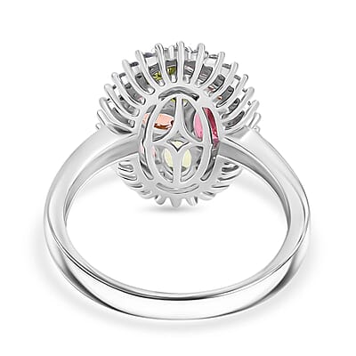 D'Joy Premium Multi Color Calabar Tourmaline and White Zircon 1.90 ctw Autumn Bloom Ring in Rhodium Over Sterling Silver (Size 10.0)
