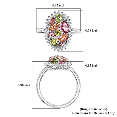 D'Joy Premium Multi Color Calabar Tourmaline and White Zircon 1.90 ctw Autumn Bloom Ring in Rhodium Over Sterling Silver (Size 10.0)