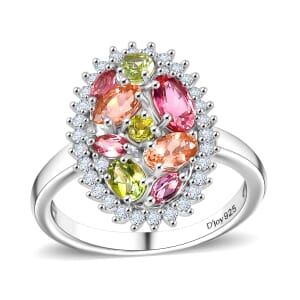 D'Joy Premium Multi Color Calabar Tourmaline and White Zircon 1.90 ctw Autumn Bloom Ring in Rhodium Over Sterling Silver (Size 6.0)