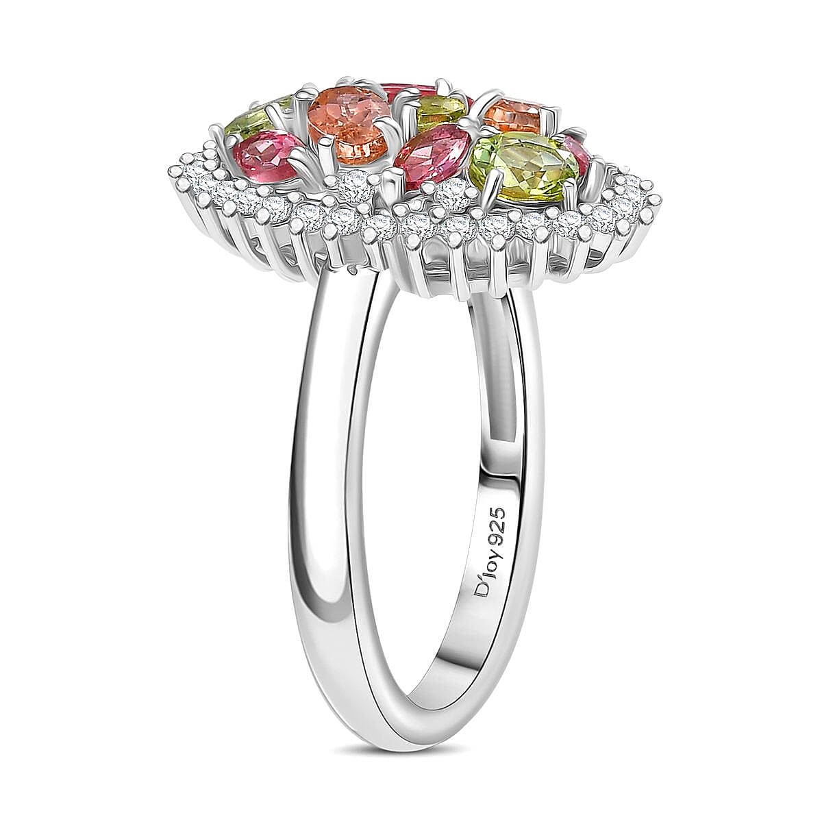 D'Joy Premium Multi Color Calabar Tourmaline and White Zircon 1.90 ctw Autumn Bloom Ring in Rhodium Over Sterling Silver (Size 8.0)