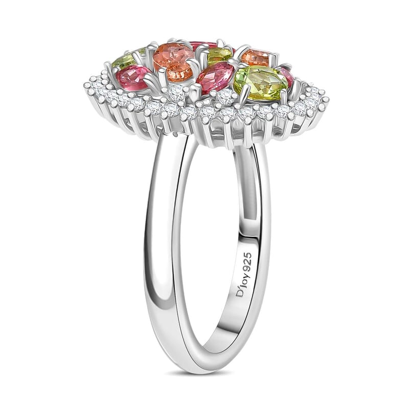 D'Joy Premium Multi Color Calabar Tourmaline and White Zircon 1.90 ctw Autumn Bloom Ring in Rhodium Over Sterling Silver (Size 8.0)