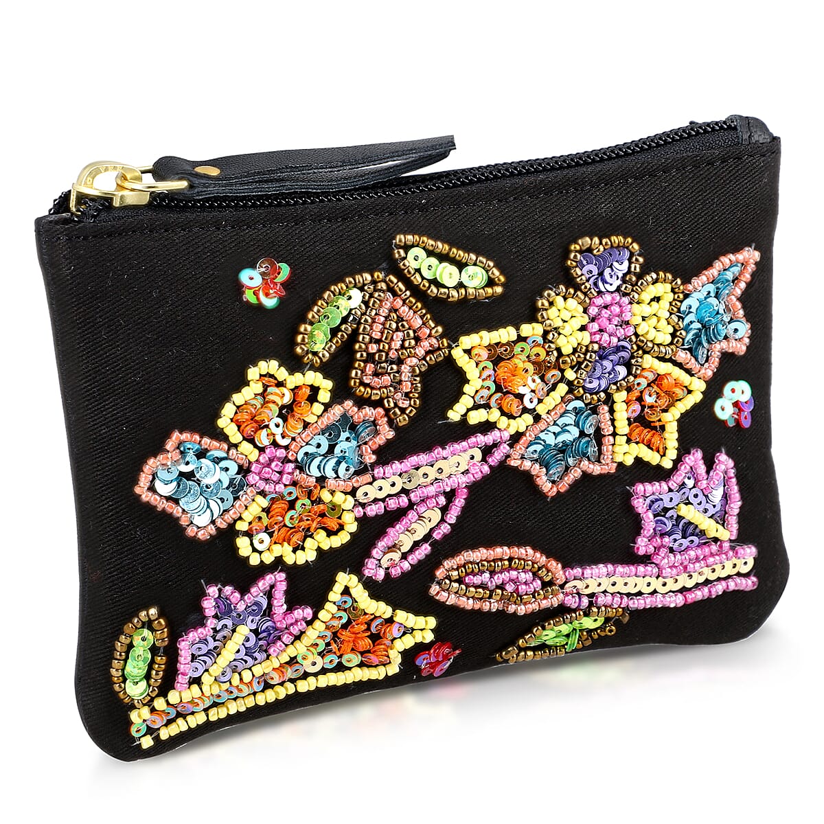Black Genuine Leather Floral Pattern Embellishment Pouch with Top Zip Closure image number 0