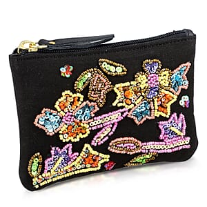Black Genuine Leather Floral Pattern Embellishment Pouch with Top Zip Closure