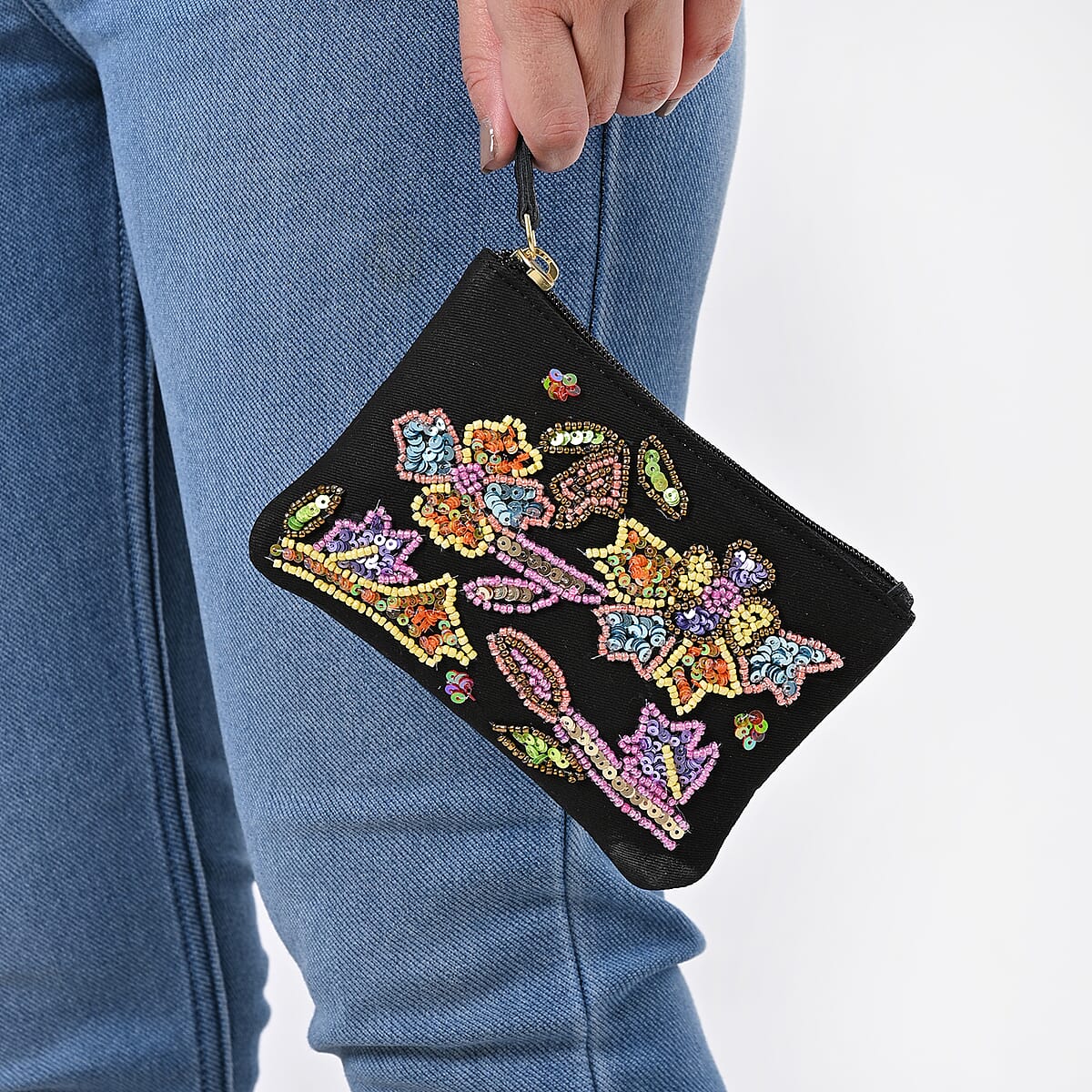 Black Genuine Leather Floral Pattern Embellishment Pouch with Top Zip Closure image number 1