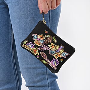 Black Genuine Leather Floral Pattern Embellishment Pouch with Top Zip Closure