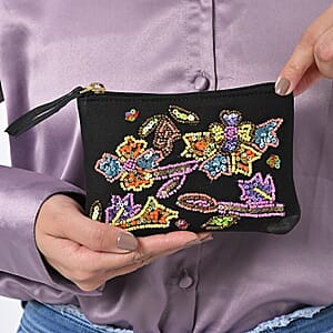 Black Genuine Leather Floral Pattern Embellishment Pouch with Top Zip Closure