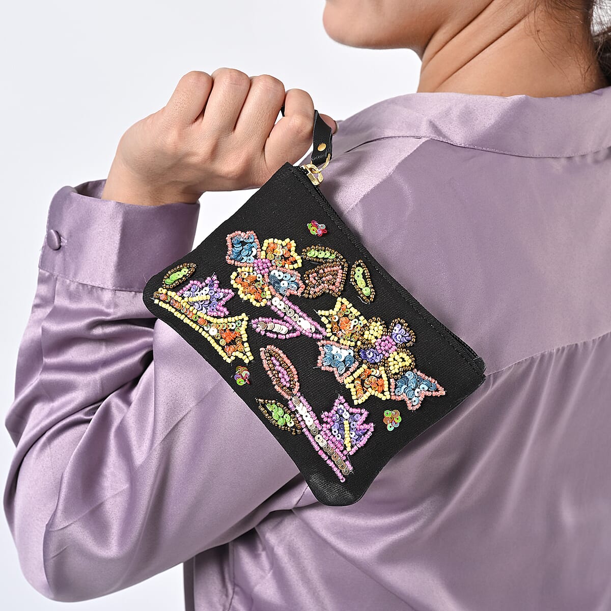 Black Genuine Leather Floral Pattern Embellishment Pouch with Top Zip Closure image number 3