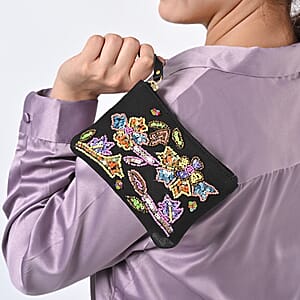 Black Genuine Leather Floral Pattern Embellishment Pouch with Top Zip Closure