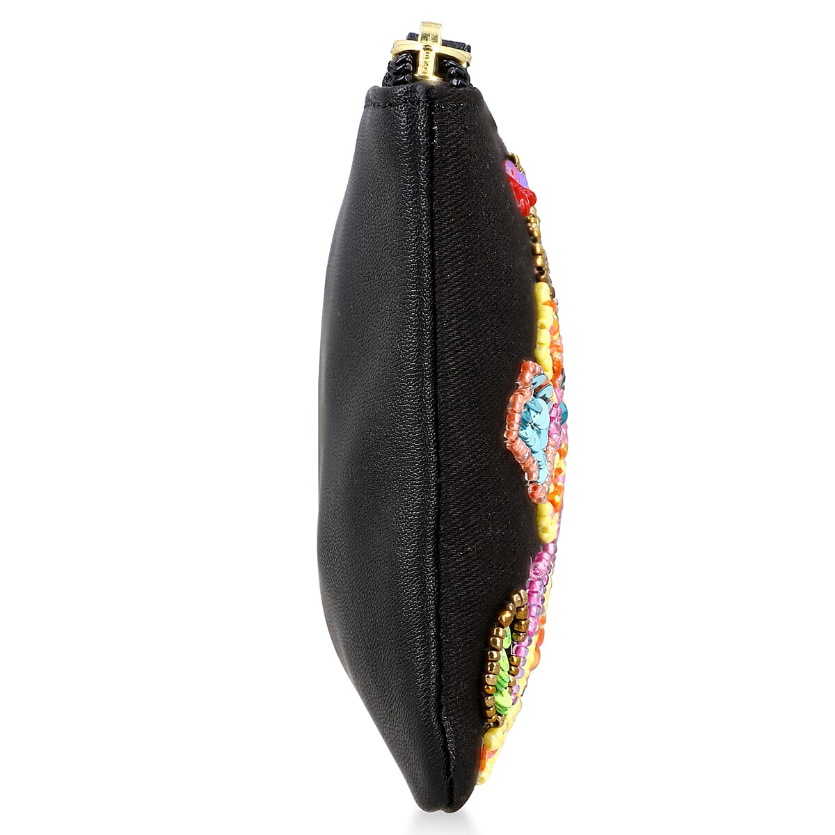 Black Genuine Leather Floral Pattern Embellishment Pouch with Top Zip Closure image number 5