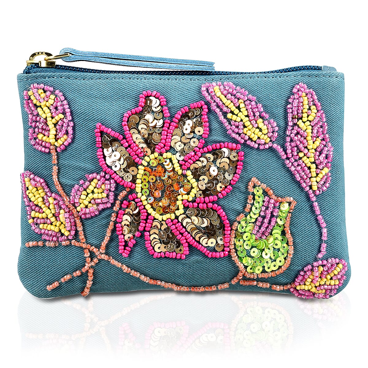 Blue Genuine Leather Floral Pattern Embellishment Pouch with Top Zip Closure image number 0