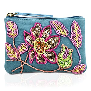 Blue Genuine Leather Floral Pattern Embellishment Pouch with Top Zip Closure