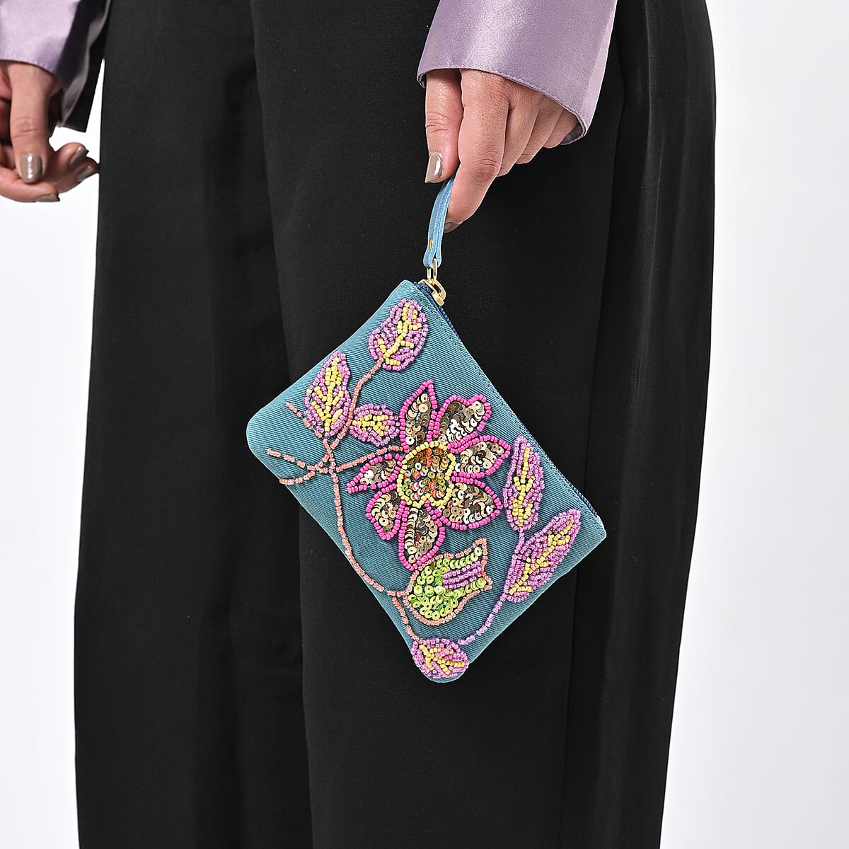 Blue Genuine Leather Floral Pattern Embellishment Pouch with Top Zip Closure image number 1