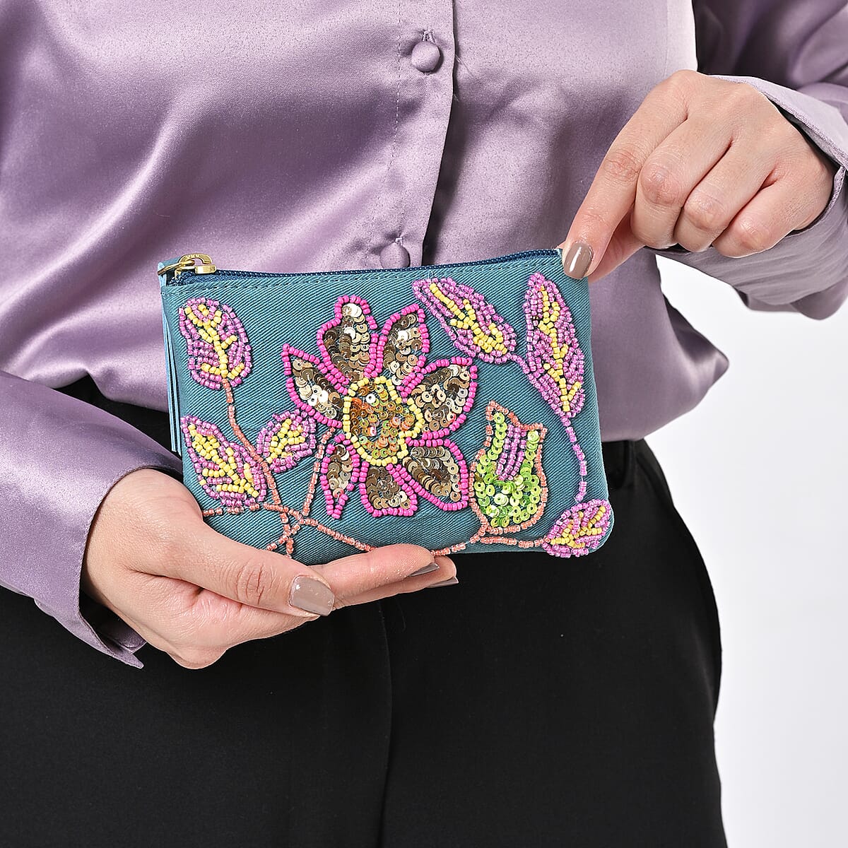 Blue Genuine Leather Floral Pattern Embellishment Pouch with Top Zip Closure image number 2