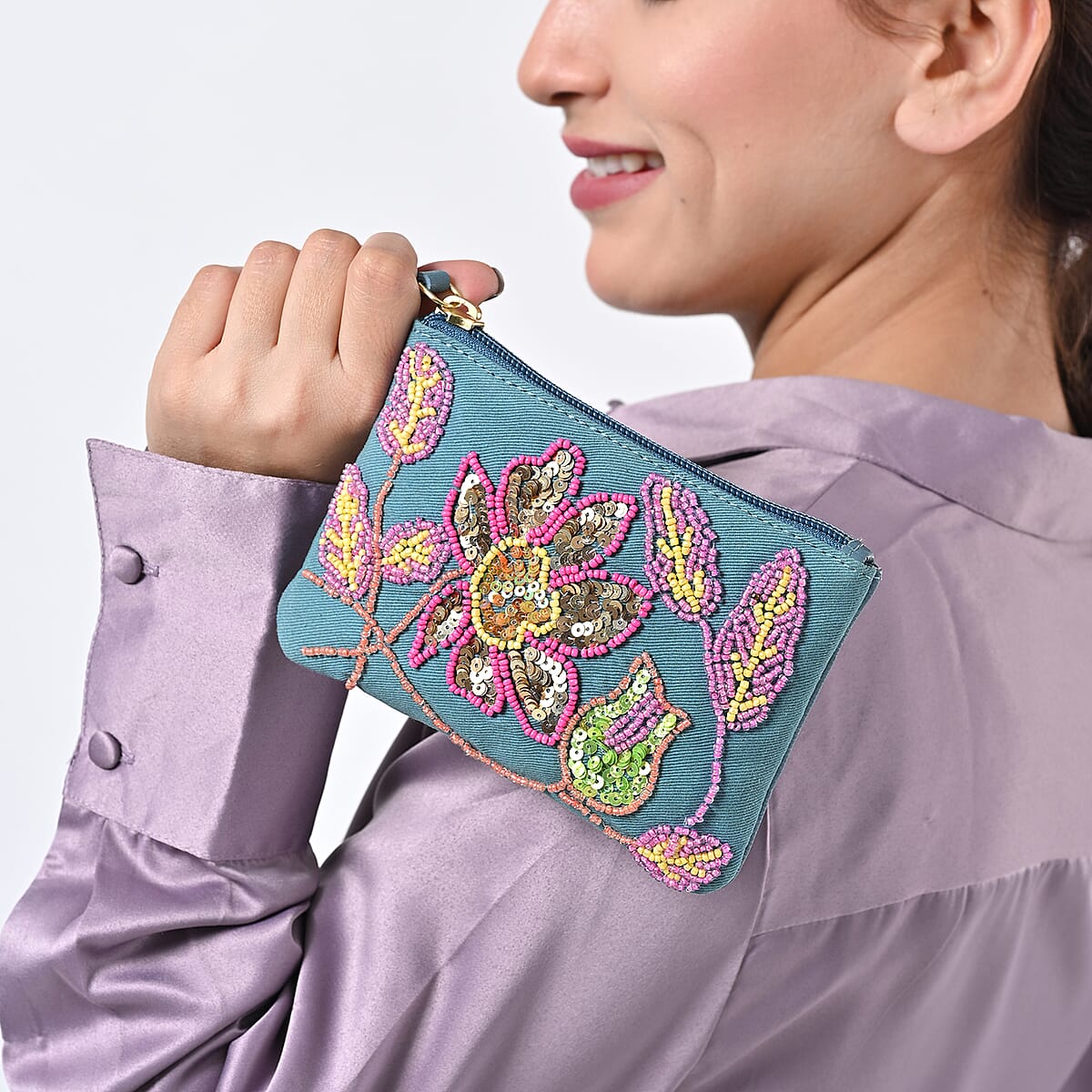 Blue Genuine Leather Floral Pattern Embellishment Pouch with Top Zip Closure image number 3