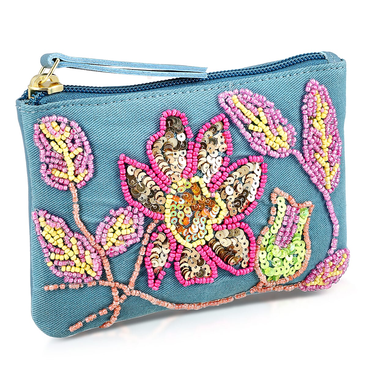 Blue Genuine Leather Floral Pattern Embellishment Pouch with Top Zip Closure image number 4
