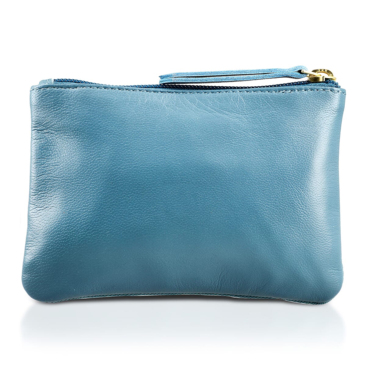 Blue Genuine Leather Floral Pattern Embellishment Pouch with Top Zip Closure image number 5