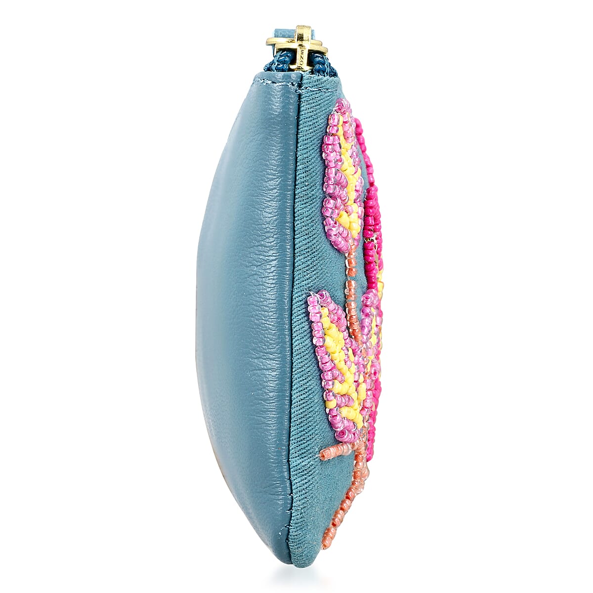 Blue Genuine Leather Floral Pattern Embellishment Pouch with Top Zip Closure image number 6