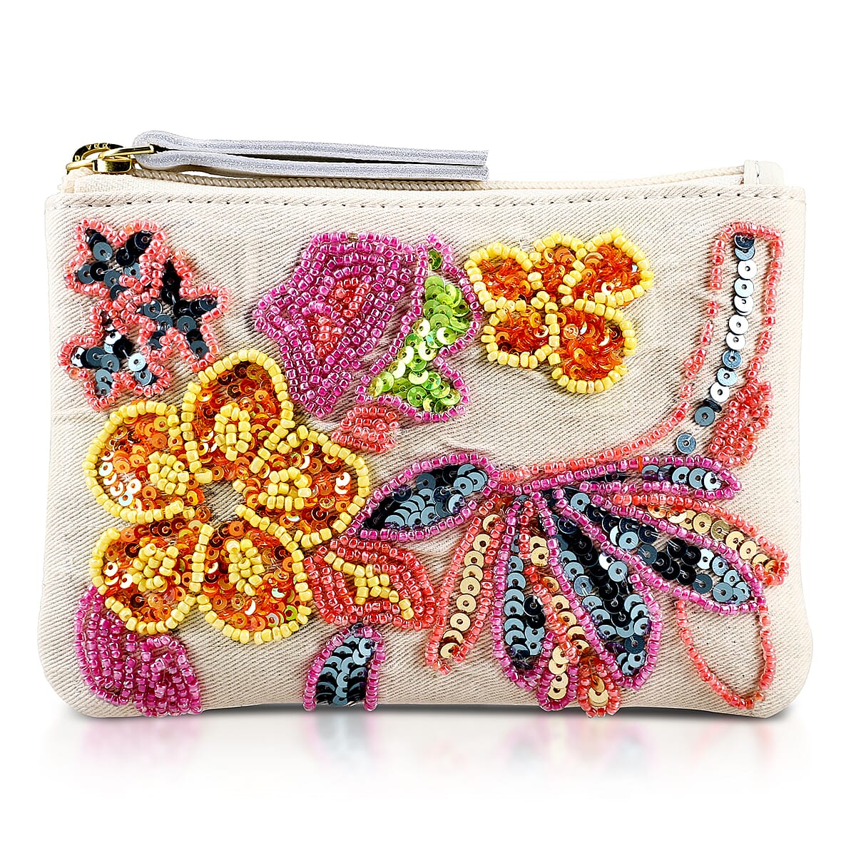 White Genuine Leather Floral Pattern Embellishment Pouch with Top Zip Closure image number 0